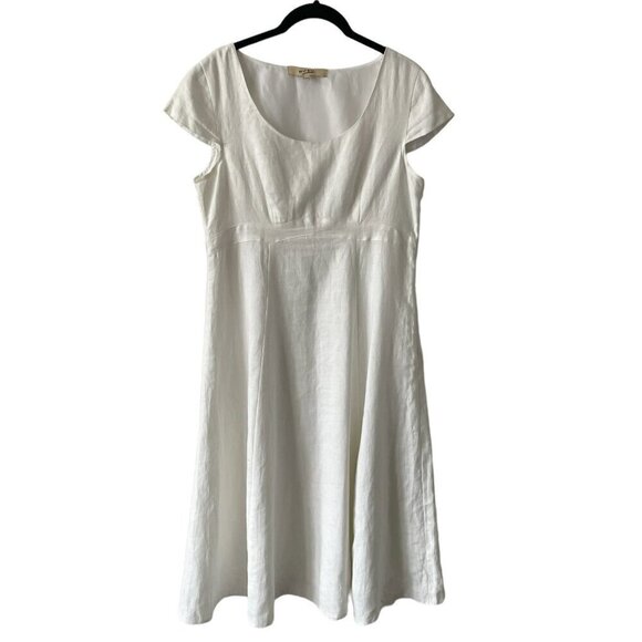 Ecru Linen Scoop Neck Knee Length Short Sleeve Fit Flare Dress White Medium - Picture 1 of 12